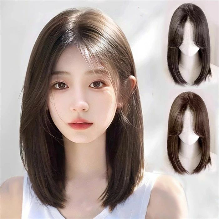 耐 普段使い 小顔効果 韓国風 清楚系 ナチュラル 前髪あり フルウィッグ レディース ブラウン 黒髪 自然 ストレート ミディアム(4)