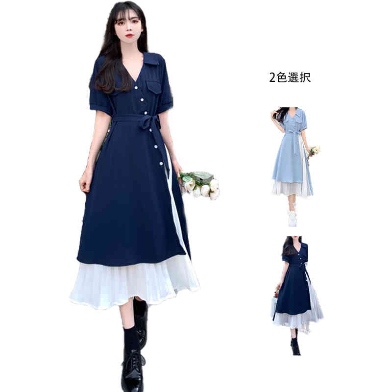 夏 レディース 切り替え vネック おしゃれワンピ かわいい フリル袖 切り替え ミディアム丈 半袖 Aライン 大きサイズ(4)