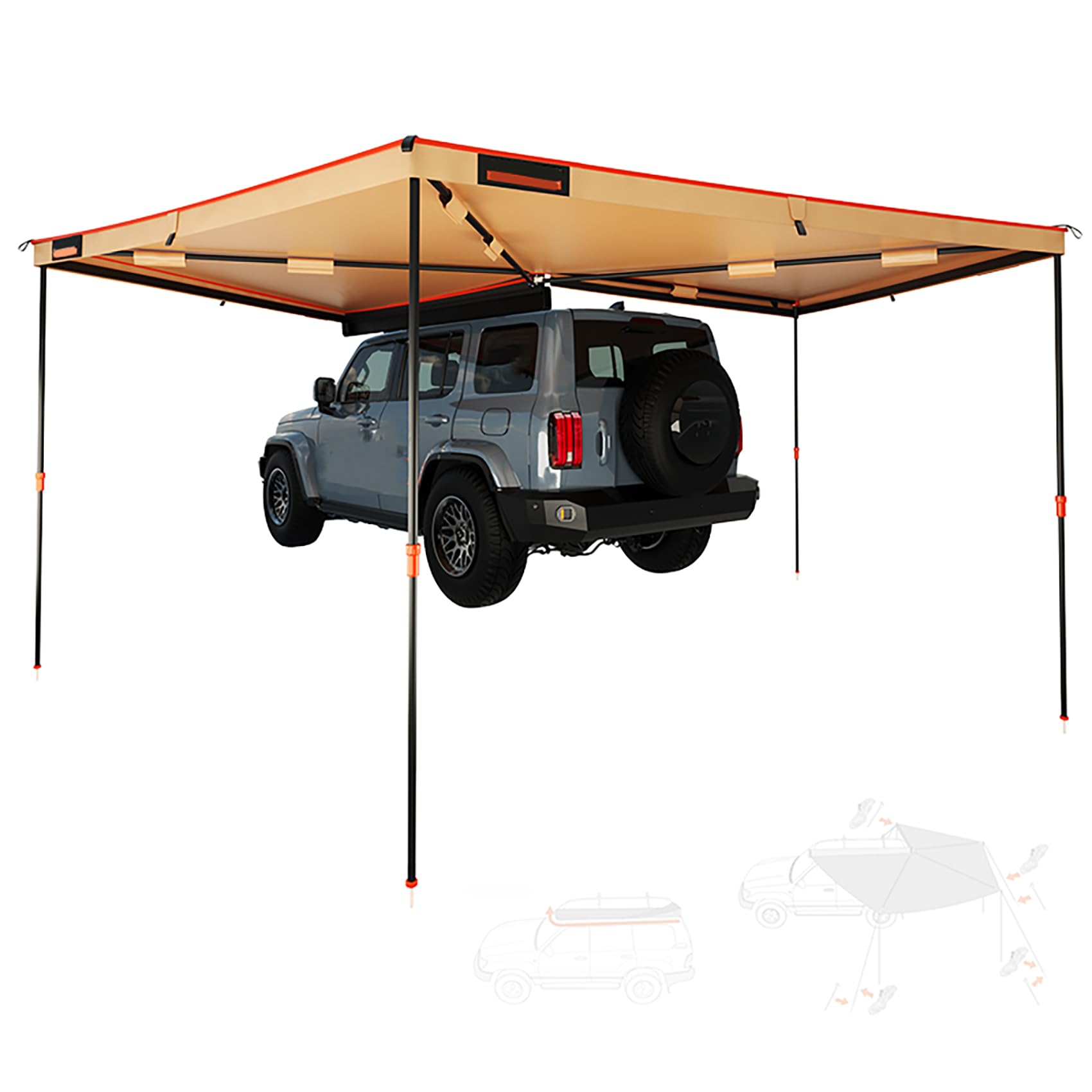 カーサイドオーニング カーサイドタープ 270°扇形展開 10人用 大型サイドオーニング 270*270*220cm 防水 UV99%カット 日焼け防