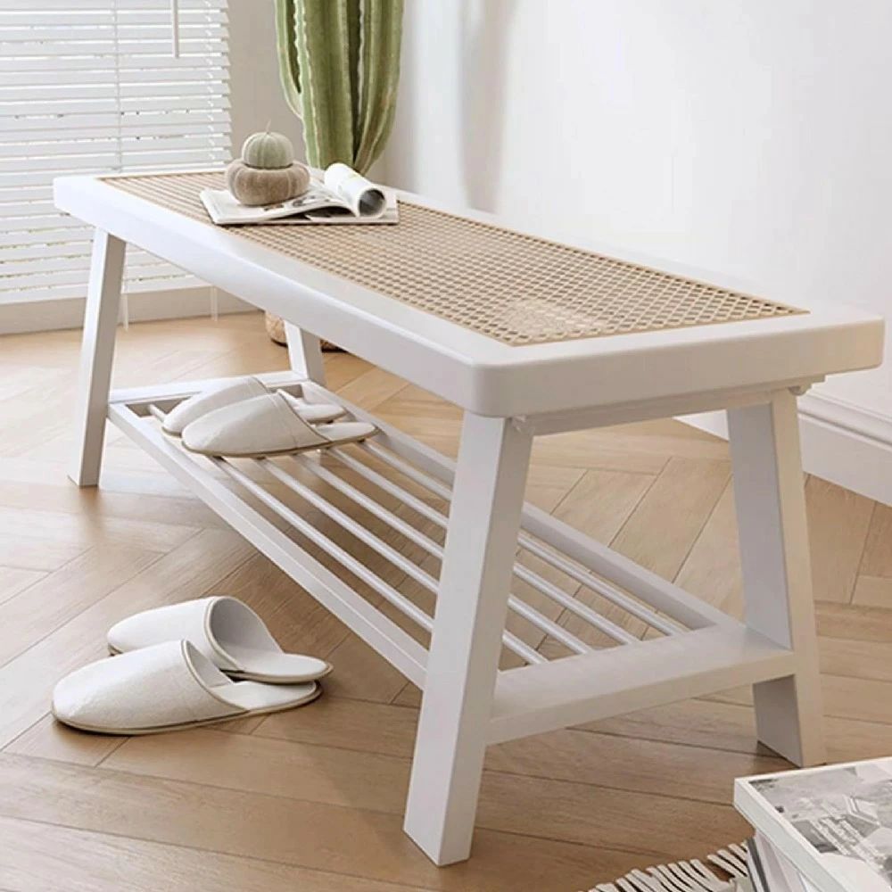 玄関の靴ベンチ、ベッドの端のベンチ、籐の 木製ベンチ、廊下のリビングルーム用の靴ラック(Beige 100cm/39.4in)