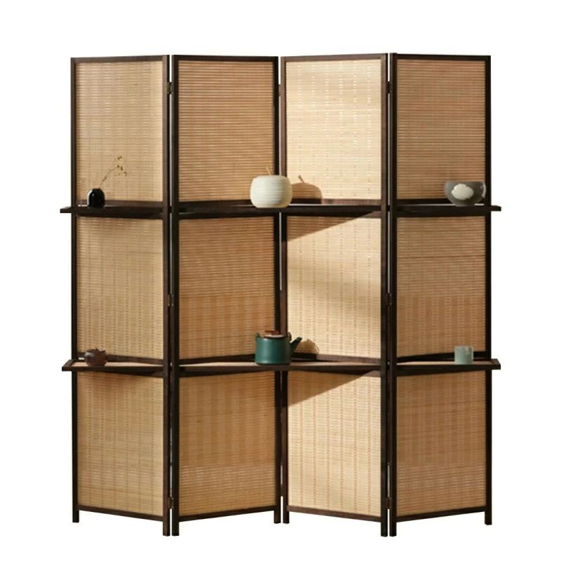 衝立 和風 パーテーション 部屋 間仕切り 4連 天然木 仕切り 高さ150cm/170cm/180cm 折りたたみ 収納棚付き 丈夫 ついたて (オフ