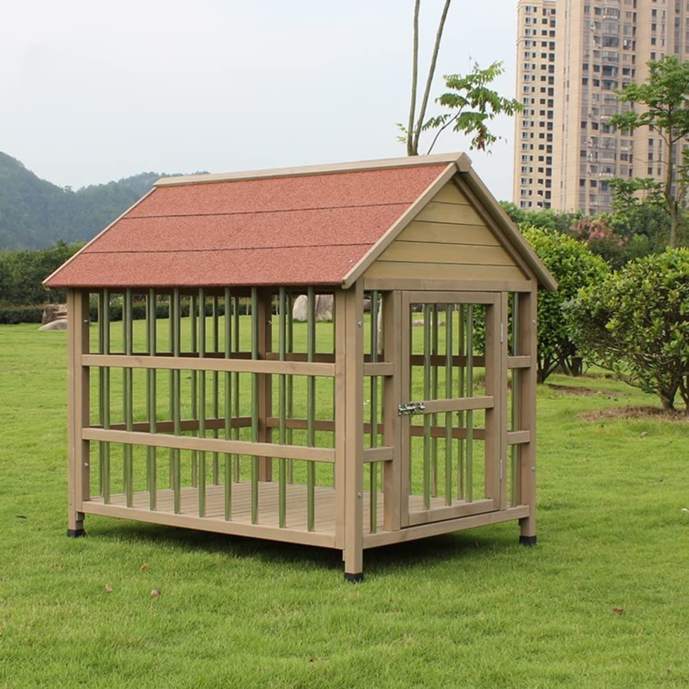 犬小屋 屋外用 犬舎 室外 木製犬箱、防水屋内屋外犬小屋、屋根付き耐候性メッシュ犬小屋、調節可能な足付きペットベビーサークル