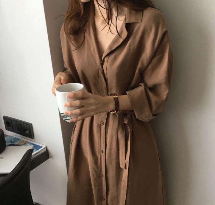 【全品送料無料】 レディース ワンピース ロング シャツ ベルト紐付き ブラウン Mサイズのみ