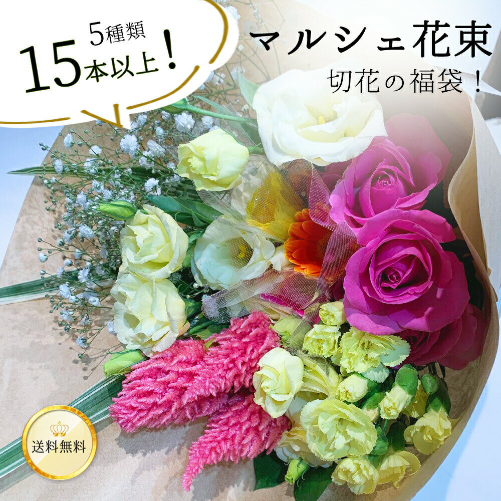 ミックス 【季節のお花をおまかせで♪】 東京銀座クオリティ マルシェ花束 花の福袋 5種類 15本以上 グリーン付き あす楽13時まで 送料無料 ロスレス ナチュラル 誕生日 記念日 母の日 父の日 プレゼント ギフト 自宅用 リビング 切花 たっぷり 簡易包装 エコ SDGs