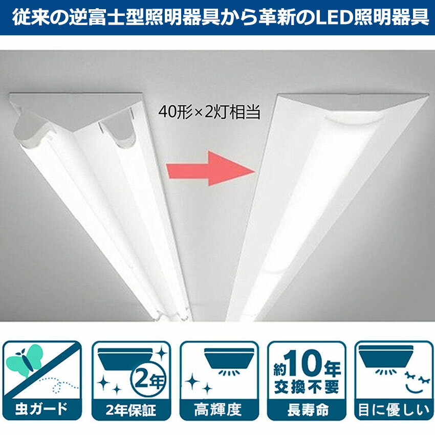 逆富士形 直付形 LEDベースライト 直管蛍光灯 8000lm 50w 1250mm 125cm 電球色 白色 昼白色 昼光色 40W型2灯式相当 LED蛍光灯器具一体型 逆富士型led照明器具 シーリングライト led40w2灯用 40w形2灯相当 二年保証