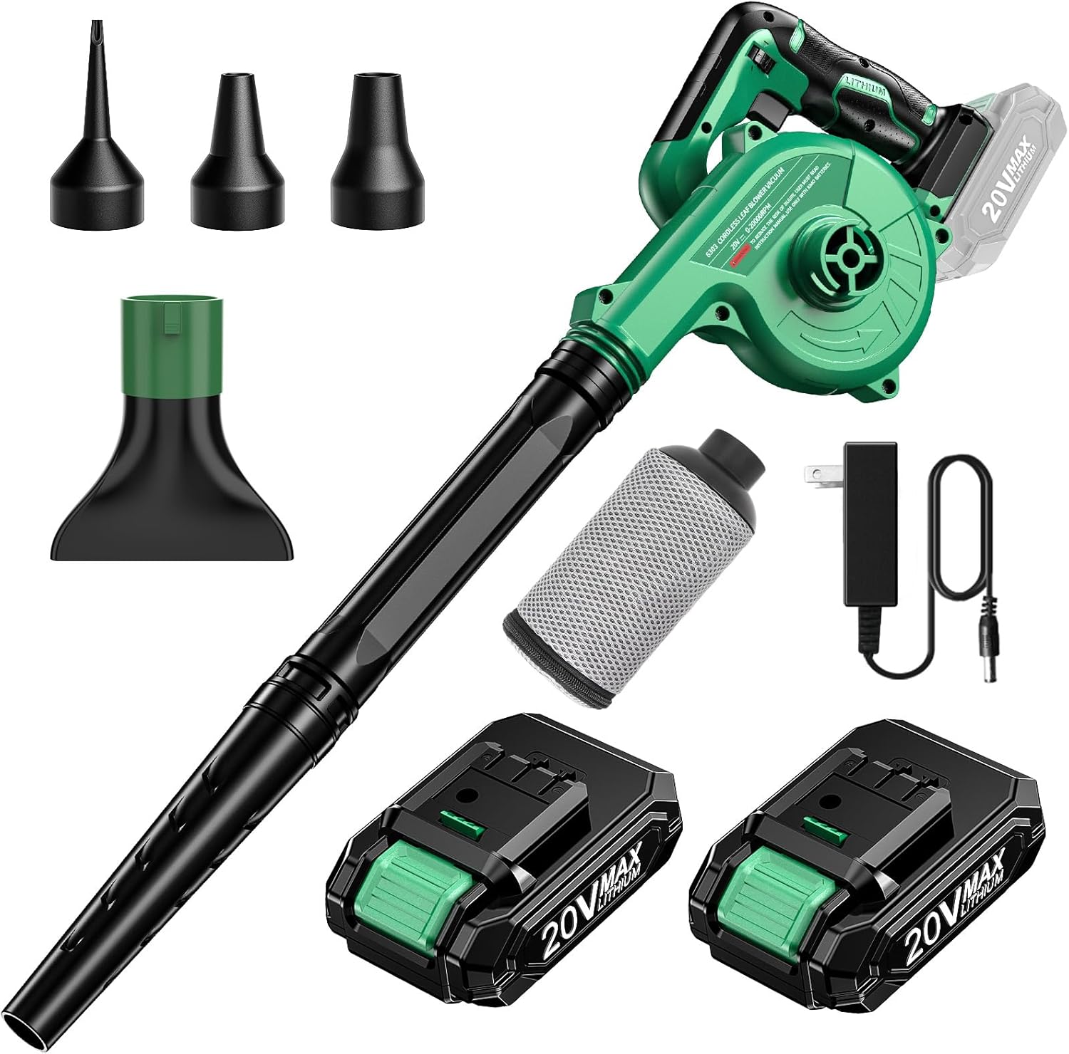 【100m/sを超える3速暴風調整】KIMO ブロワー 洗車 強力 ブロアー 充電式 OA機器用エアダスター エアーブロー延長チューブ付き 2.0Ahバッテリ一2個搭載 コードレスブロワー 風量調整 吹き飛ばしと集塵1台2役 ノズル4個 ダストバッグ1個 QM-6303