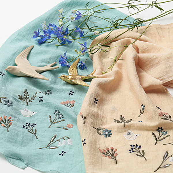 鳥＆花柄刺繍ストール レディース 春夏 綿麻 リネンコットン 160×30cm フラワー ボタニカル バード 動物 アニマル 薄手 上品