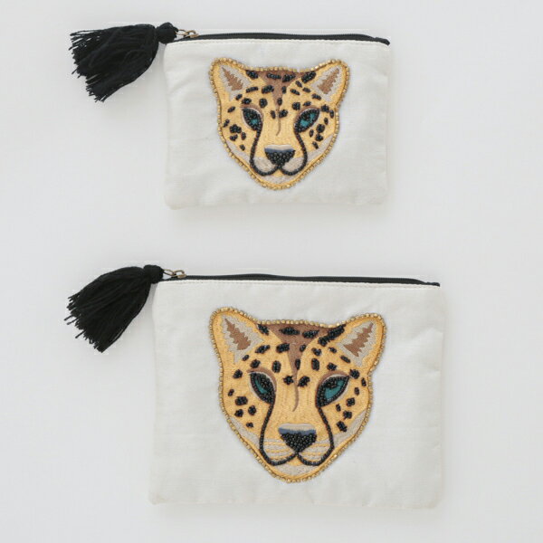 レオパード刺繍ポーチ インド刺繍 ビーズ刺繍 ひょう 豹 ヒョウ かわいい プレゼント ギフト 送料無料 メーカー直送
