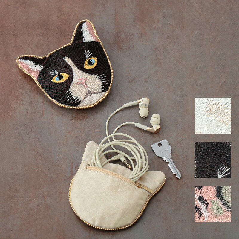 キャット刺繍顔型ポーチ インド刺繍 ビーズ刺繍 ねこ 猫 ネコ かわいい プレゼント ギフト 送料無料 メーカー直送のサムネイル