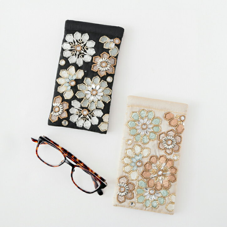 KANKAN ビーズ刺繍 メガネケース メガネポーチ 眼鏡入れ フラワーモチーフ 花柄 おしゃれ かわいい イ..