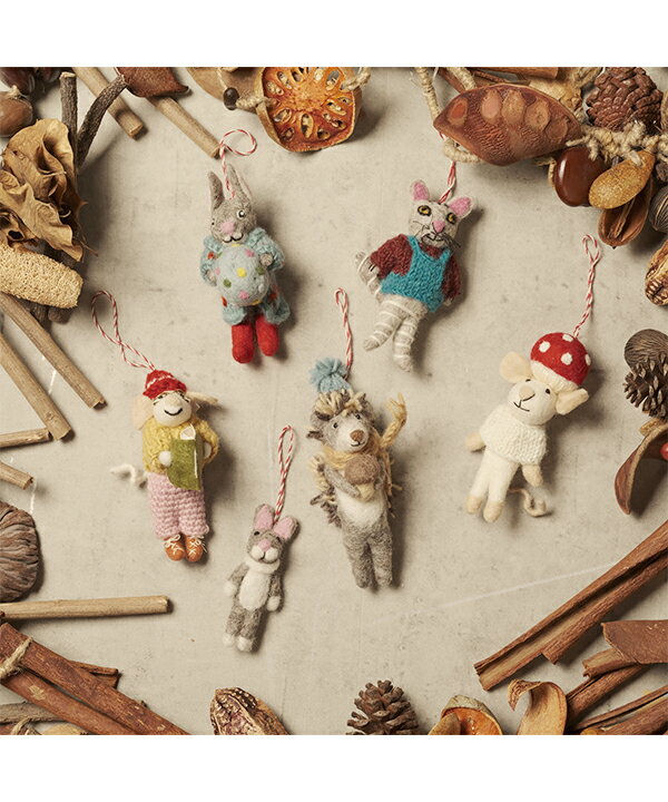 フェルトオーナメント アニマルモチーフ クリスマス 飾り ハンドメイド ネパール製 ネズミ ウサギ ネコ..
