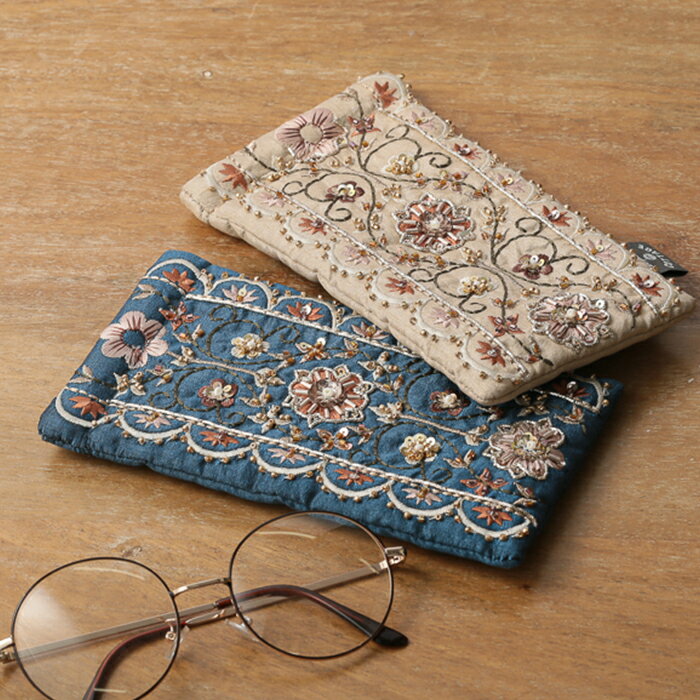 ビーズ刺繍 メガネケース 花柄 オリエンタル ビーズ 刺しゅう おしゃれ 布製 レディース かわいい メガ..