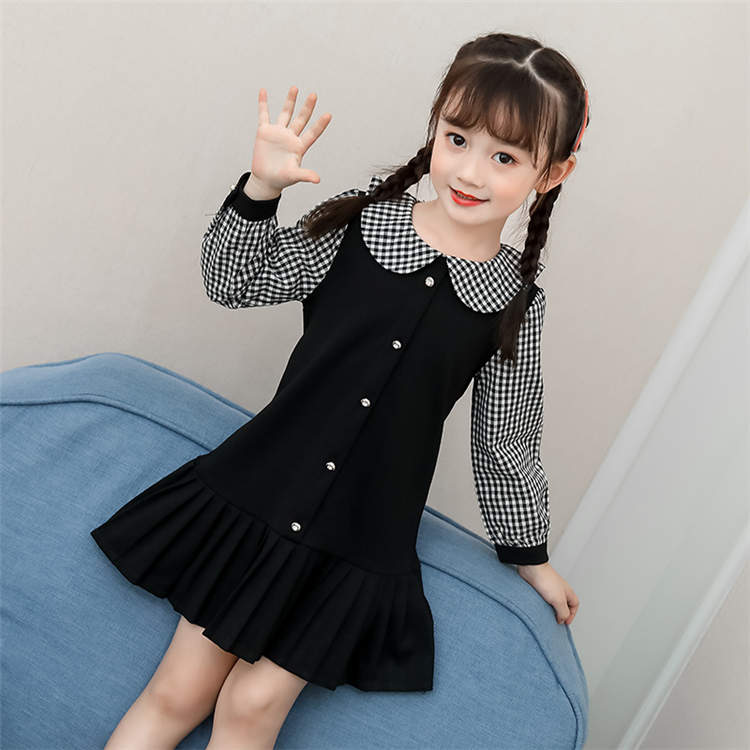 キッズ ワンピース 子供服 子供用 Aライン ブラック チェック フレア 可愛い ジュニア 通学 ファッション お出かけ ミディアム 通園 通学 秋服 優雅 お...