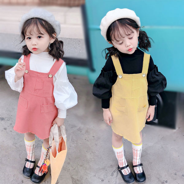 女の子 春服 ワンピース セットアップ ランタンスリーブ+ストラップドレス 2点セット 個性コロケーション 春着 夏着 80cm 90cm 100cm 110cm 120cm 子供服 可愛い スウィート cj0153