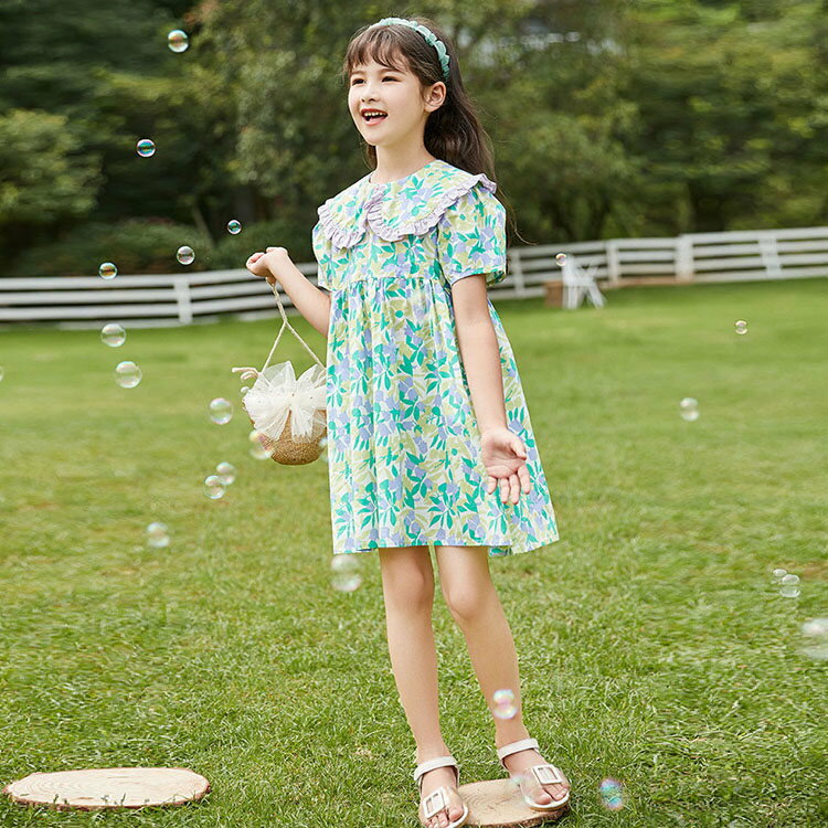 ワンピース キッズ 子供服 プリント 葉柄 Aライン 女の子 ドレス パーティードレス 半袖 夏 きれいめ お嬢様風 結婚式 入学式 おしゃれ 女児 発表会 可愛い お出かけ パーティー 学生 TZ-856