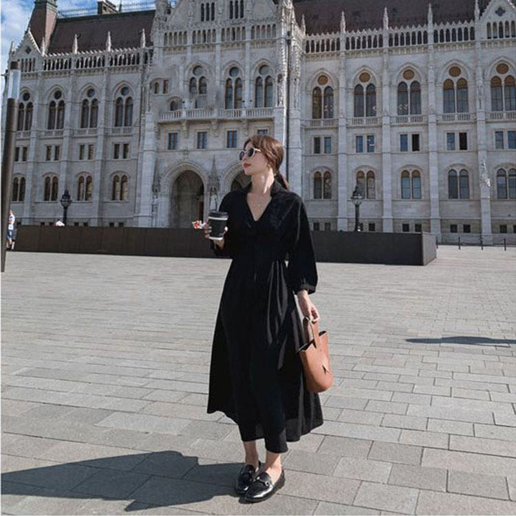 ワンピース 春 秋 長袖 リボンタイ カジュアル 大きいサイズ 無地 Aライン きれいめ お出かけ ロングワンピ 上品 体型カバー デート フェミニンレジャー おしゃれ ファッション ミモレ丈L-576