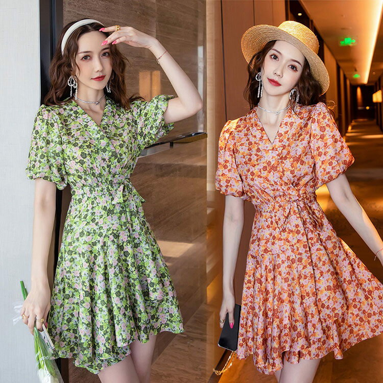 ワンピース 夏 半袖 レディース 花柄 Aライン きれいめ お出かけ ショート フリル 着やせ 上品 体型カバー 大人 おしゃれ ファッション ドレス ビーチ レジャー リゾート 結婚式 オレンジ グリーン L-920