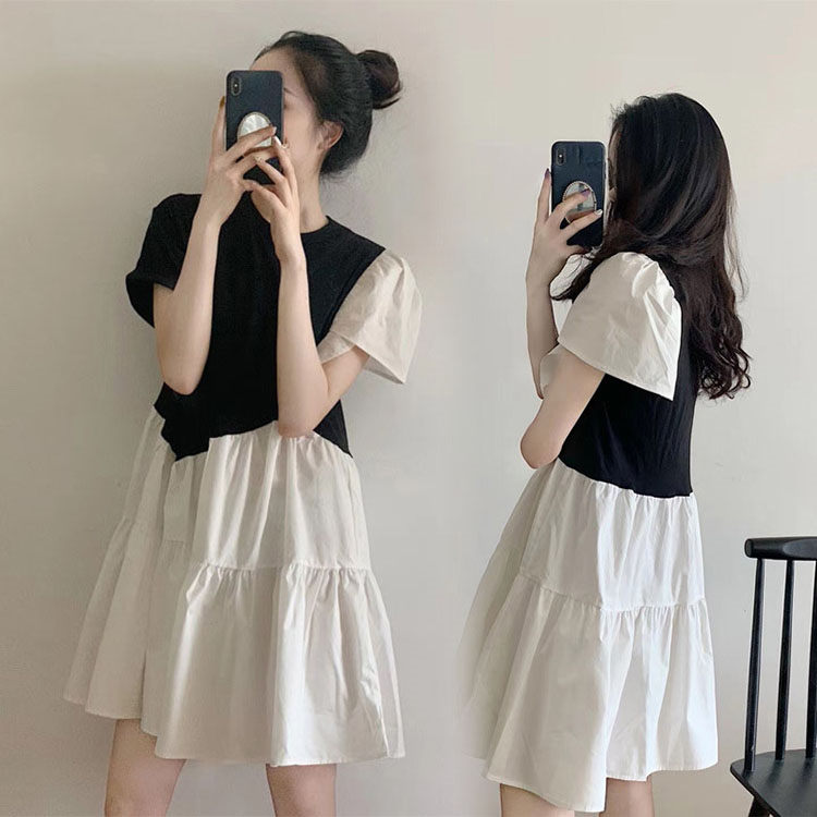 ワンピース 半袖 ショート 夏 きれいめ レディース お出かけ Aライン フェミニン パーティドレス お洒落 女の子 大人レジャー ゆったり 可愛い 大きいサイズ バイカラー マタニティー L-927