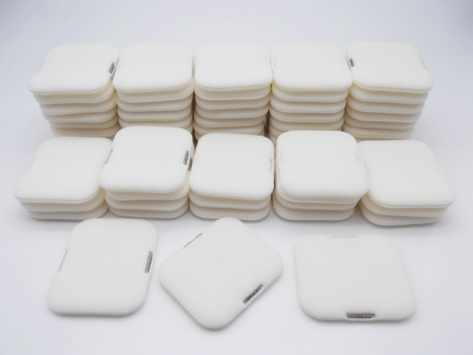 【業務用・使い捨て・数量限定】テスター用両面植毛ウレタンパフ60個約53mm×45mmx7mm厚リボンカット品(F-311)化粧 メイク ディスポ フロッキー　パウダー パフ ルース フェイス 粉 プレスト 化粧用具 OEM 製造 東京パフ