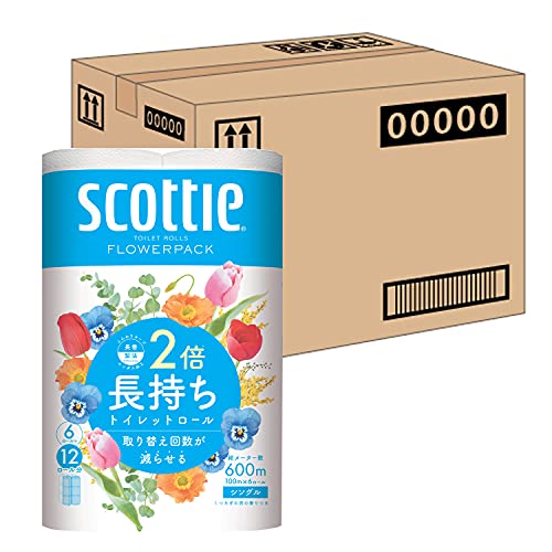 【ケース販売】 スコッティ フラワーパック 2倍巻き(6ロールで12ロール分) トイレット 100mシングル ×8パック入り 　送料無料