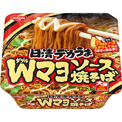 ・ 153グラム (x 12) 25609・デカくてウマい、カップ焼そばと言えばコレ。マヨネーズが香り立つマイルドな味わいの特製マヨ風味ソースと、クセになるからしマヨがうまさの決め手のWマヨソース焼そば。麺はガーリックを練り込んだ大盛り麺130gで食べ応え抜群。・【1】フタを一部はがし、粉末ソース(マヨ風味ソース)・からしマヨの袋を取り出す。【2】熱湯を内側の線まで注ぎ、フタをして3分待つ。【3】湯切り口を作り、カップをしっかり持ち、静かに傾け、湯切り口から湯をすてる。【4】フタを完全にはがし、粉末ソースをかけてよくまぜ合わせ、からしマヨをかけてできあがり。・内容量:1食153g×12・一部に小麦・卵・乳成分・大豆・鶏肉・豚肉・りんごを含む。成分表示などの詳細は、商品パッケージをご覧ください。"商品紹介 一杯食べた後の満足感が他とは違う!お手頃価格の大盛サイズ! マヨネーズが香り立つマイルドな味わいの特製マヨ風味ソースと、クセになるからしマヨがうまさの決め手!のWマヨソース焼そば。 麺はガーリックを練り込んだ大盛り麺130gで食べ応え抜群の一品です! (153g当たり)エネルギー:695kcal、たんぱく質:14.3g、脂質:28g、炭水化物:96.5g、食塩相当量:6.5g、ビタミンB1:0.6mg、ビタミンB2:0.82mg、カルシウム:198mg 使用方法 1.フタを一部はがし、粉末ソース(マヨ風味ソース)・からしマヨの袋を取り出す。2.熱湯を内側の線まで注ぎ、フタをして3.分待つ。3.湯切り口を作り、カップをしっかり持ち、静かに傾け、湯切り口から湯をすてる。4.フタを完全にはがし、粉末ソースをかけてよくまぜ合わせ、からしマヨをかけてできあがり。 ご注意（免責）＞必ずお読みください やけどにご注意ください。※配送に関しての重要事項※・ギフト梱包、のし等は不可となります。・お客様都合で商品発送作業以降のキャンセル不可となります。・弊社提携先倉庫からの発送商品は配送システムを一元管理しており、輸送箱に異なるサイトのロゴが記載されている場合がございます。その為、配送間違いと思われる場合もございますがお受け取りいただきます様お願い致します。※不在時の場合も同様の不在連絡票（再配達）となります。・領収書の発行はシステム上ご注文履歴からお客様ご自身での発行となります。※その他重要事項※商品はメーカーリニューアルが行われた場合、順次パッケージ変更品等でのお届けとなります。商品画像が旧パッケージ等の場合がございますがご了承頂きますようお願い申し上げます。