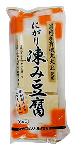 原材料:大豆(有機、遺伝子組換えでない)、豆腐用凝固剤(塩化マグネシウム)・内容量:6枚・商品サイズ(高さx奥行x幅):110mm×450mm×230mm商品紹介 国内産有機丸大豆と“にがり(塩化マグネシウム)を使用した、通常の半分の厚みの凍り豆腐です。膨軟剤(重曹)を使用していないので、多少歯ごたえのある食感です。膨軟加工をしておりませんので、調理の前にたっぷりの熱湯に充分浸すか湯で煮込んで戻した後、軽く水気を切って煮物やちらし寿司の具材等、色々お使いいただけます。 原材料・成分 原材料：大豆(有機、遺伝子組換えでない)、豆腐用凝固剤(塩化マグネシウム)※配送に関しての重要事項※・ギフト梱包、のし等は不可となります。・お客様都合で商品発送作業以降のキャンセル不可となります。・弊社提携先倉庫からの発送商品は配送システムを一元管理しており、輸送箱に異なるサイトのロゴが記載されている場合がございます。その為、配送間違いと思われる場合もございますがお受け取りいただきます様お願い致します。※不在時の場合も同様の不在連絡票（再配達）となります。・領収書の発行はシステム上ご注文履歴からお客様ご自身での発行となります。※その他重要事項※商品はメーカーリニューアルが行われた場合、順次パッケージ変更品等でのお届けとなります。商品画像が旧パッケージ等の場合がございますがご了承頂きますようお願い申し上げます。