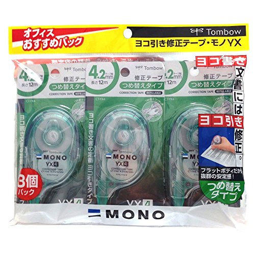 トンボ鉛筆 修正テープ 4.2mm MONO モノ YX (安定感のあるフラットボディ) 詰め替えタイプ 12m 3個 KCC-344 送料無料