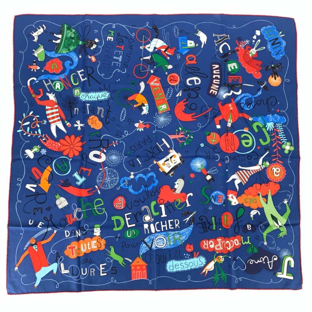 美品 HERMES エルメス カレ90 Les Confessions 告白 ブルー スカーフ シルク100%