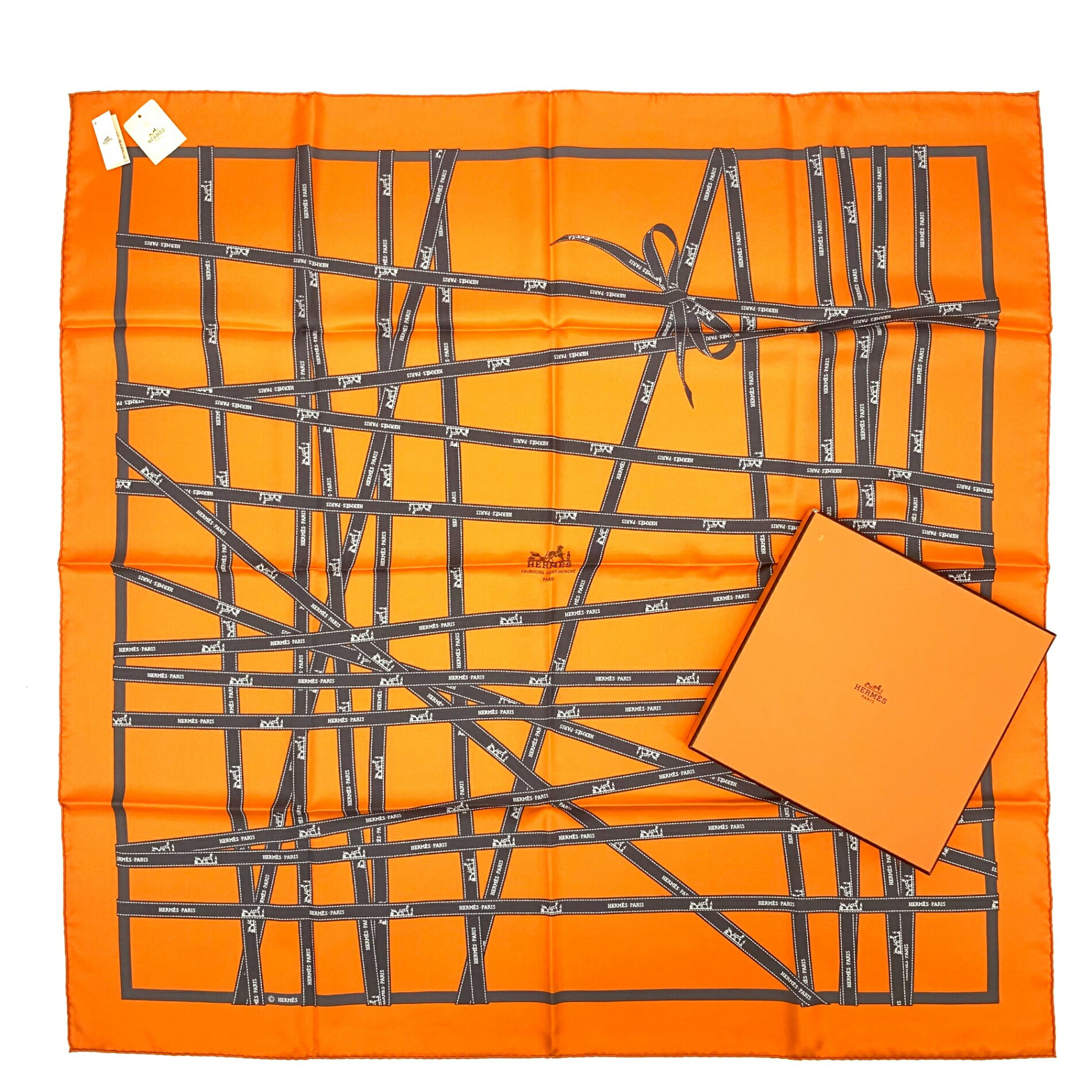 未使用 HERMES エルメス カレ90 ボルデュック リボン柄 BOLDUC タグ付き オレンジ