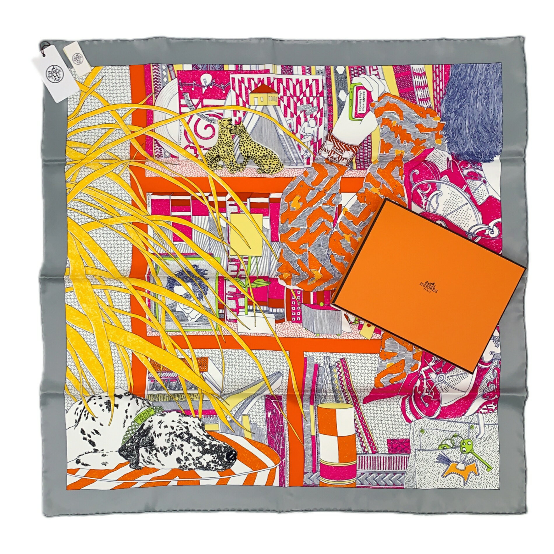 新品未使用 HERMES エルメス スカーフ カレ70 Rendez-Vous Chez エルメスでランデヴー オレンジ シルク100%のサムネイル