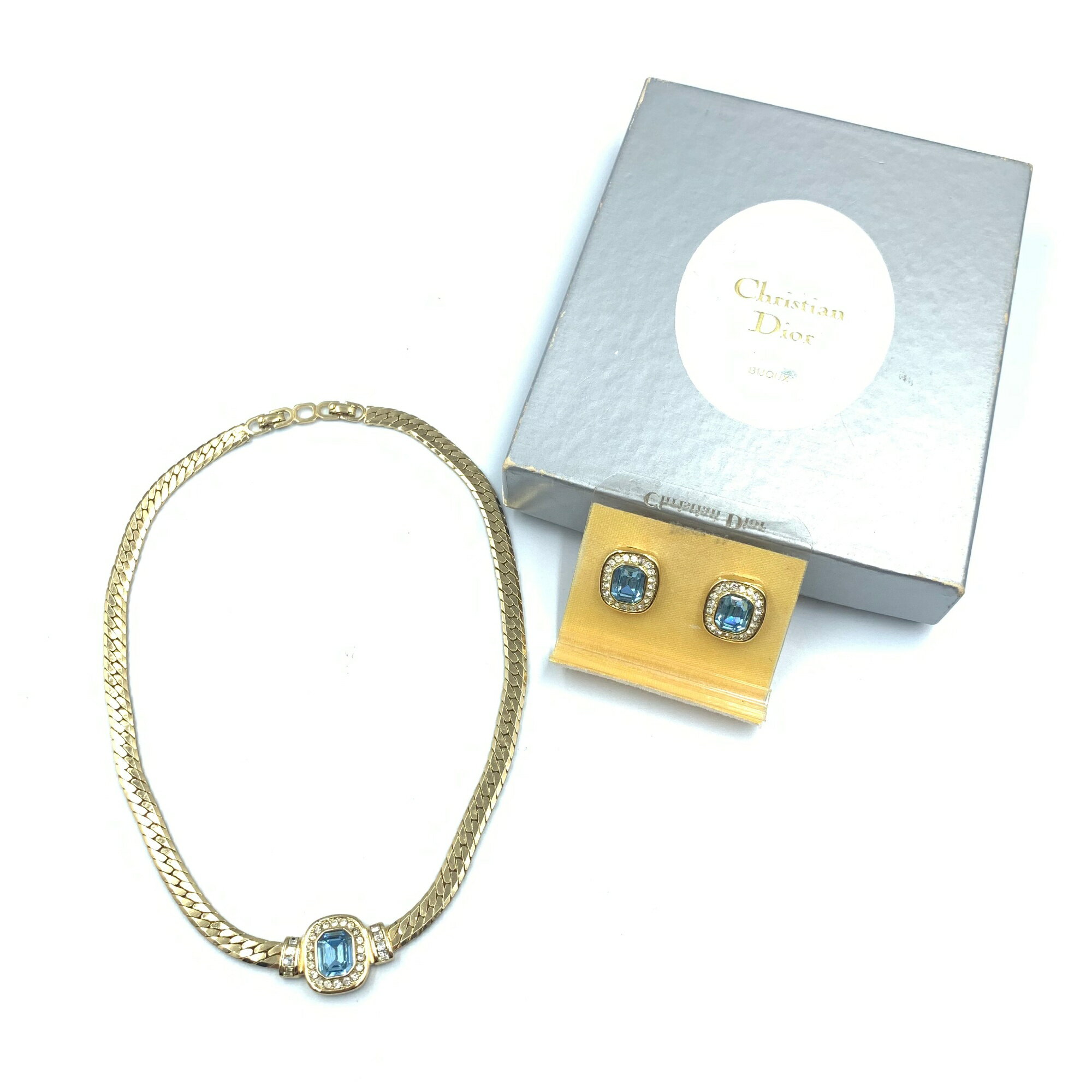 未使用品 CHRISTIAN DIOR クリスチャン ディオール ネックレス x イヤリング セット サファイア