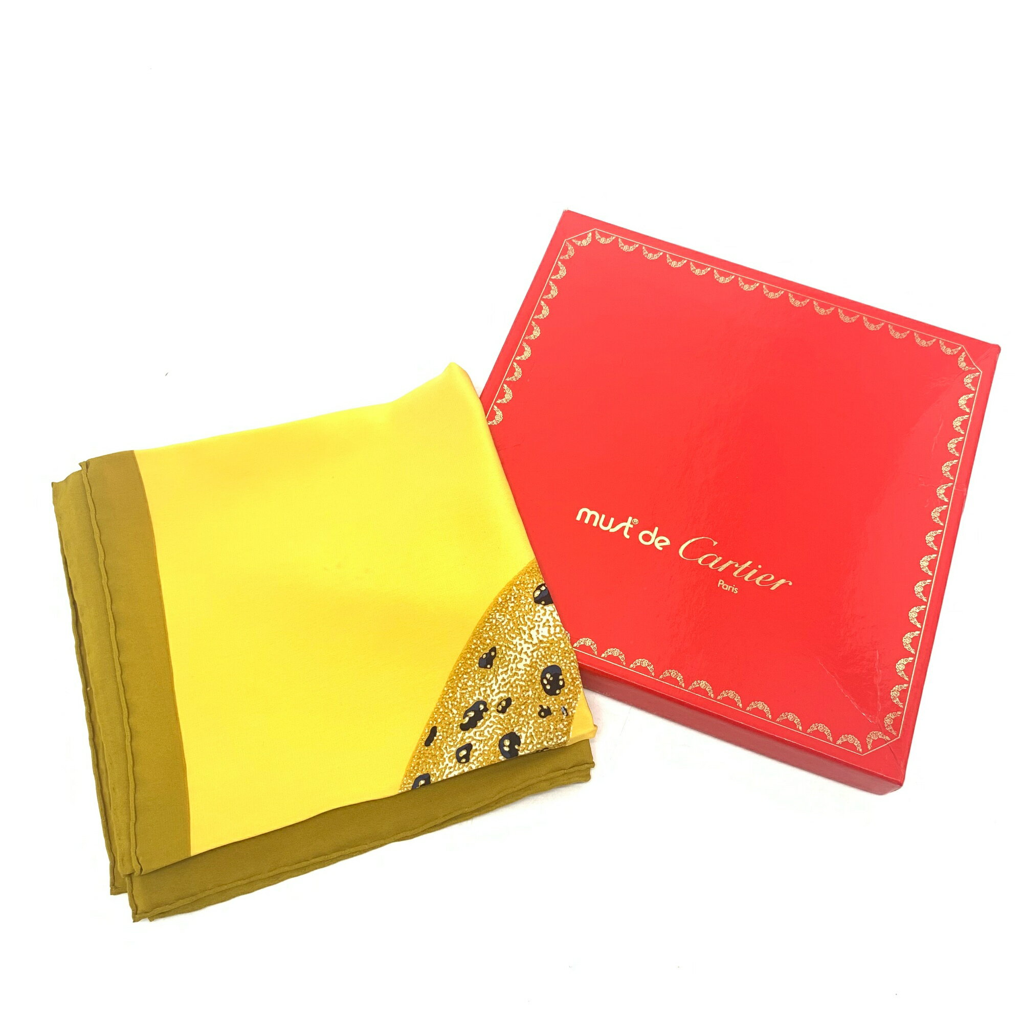 美品 Cartier カルティエ パンサーリング シルク イエロー スカーフ 箱付き