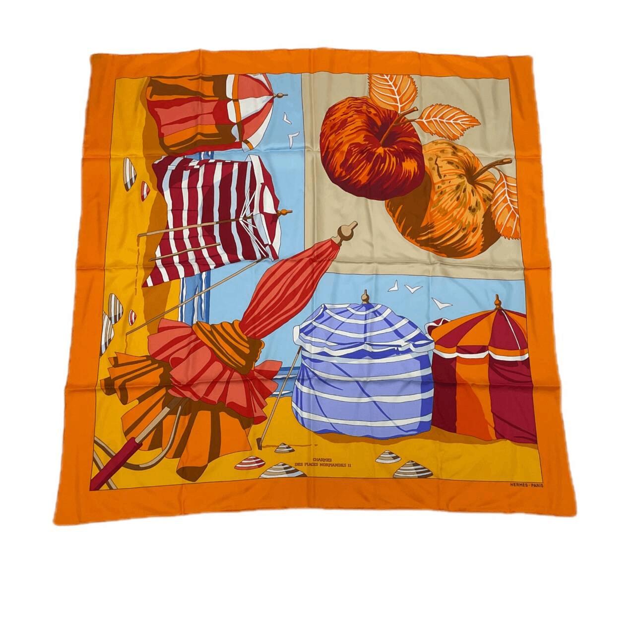 極美品 HERMES エルメス カレ90 DES PLAGES NORMANDES2 ノルマンディ海岸の魅力 オレンジ シルク100% スカーフ