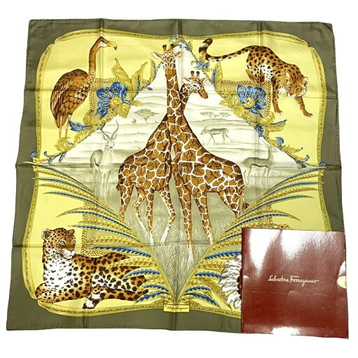 未使用品 Salvatore Ferragamo フェラガモ スカーフ シルク キリン ダチョウ 豹 花柄 イエロー グリーン 未使用品 Salvatore Ferragamo フェラガモ スカーフ シルク キリン ダチョウ 豹 花柄 イエロー グリーン