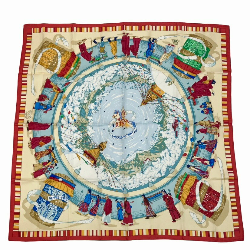 美品 HERMES エルメス カレ90 PRIERES AU VENT 風の中の祈り シルク スカーフ レッド