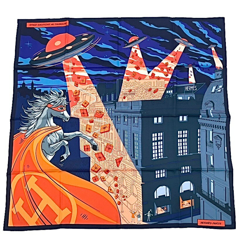 新品同様 HERMES エルメス カレ90 スカーフ フォーブルでのスペースショッピング ブルー