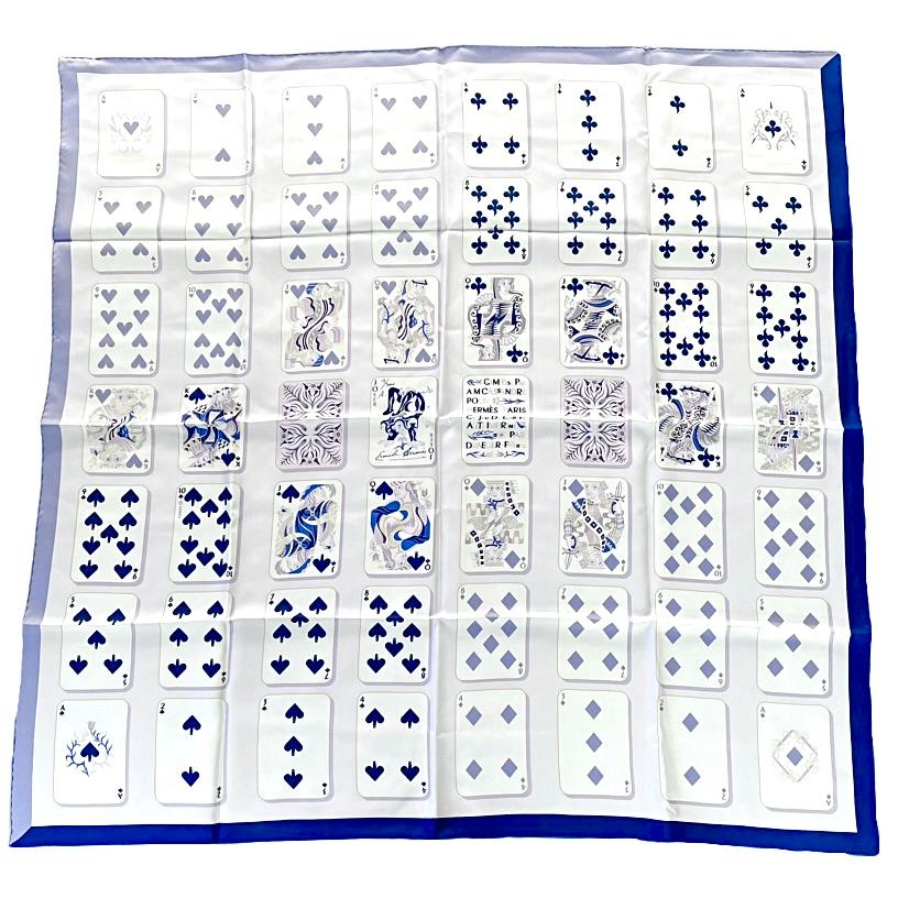 極美品 HERMES エルメス スカーフ カレ90 シルク Jeu de Cartes トランプ カード 数字 バンダナ マルチカラー 紫