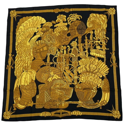 極美品 HERMES エルメス カレ90 ARMETS en PANACHE 羽飾りの騎兵兜 ブラック × ゴールド スカーフ シルク100% 極美品 HERMES エルメス カレ90 ARMETS en PANACHE 羽飾りの騎兵兜 ブラック × ゴールド スカーフ シルク100%
