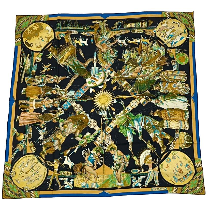 極美品 HERMES エルメス カレ90 Les danses des indiens 民族 柄 スカーフ シルク マルチカラー