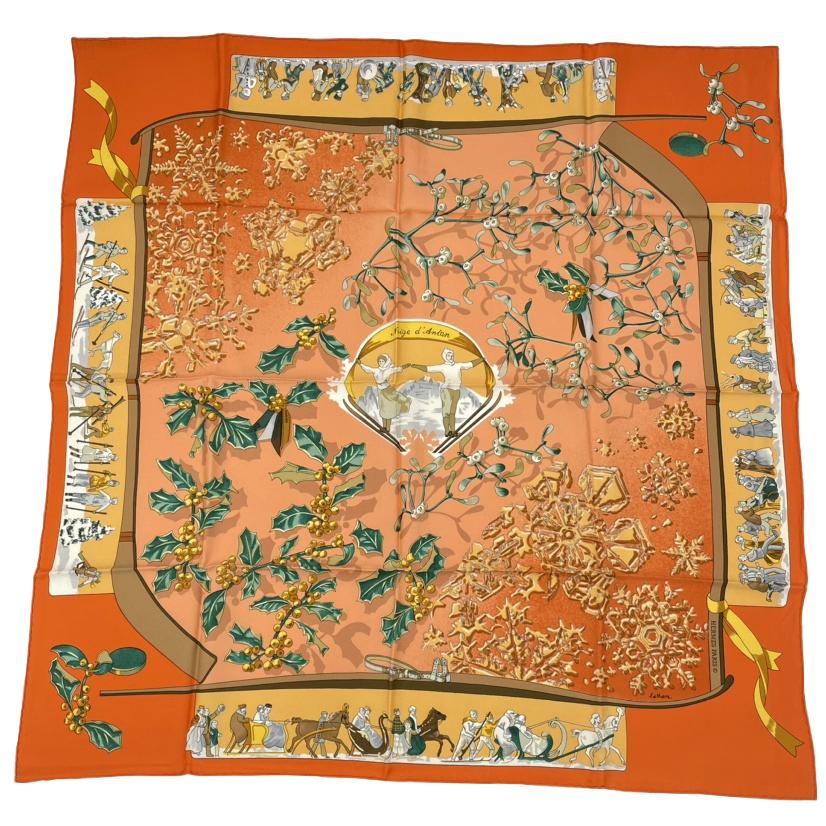 美品 HERMES エルメス カレ90 Neige d'Antan 去年の雪 シルク100% スカーフ オレンジ