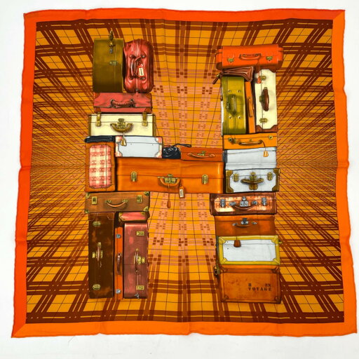 美品 HERMES エルメス シルク スカーフ H EN VOYAGE 旅するエルメス バッグ柄 オレンジ 美品 HERMES エルメス シルク スカーフ H EN VOYAGE 旅するエルメス バッグ柄 オレンジ