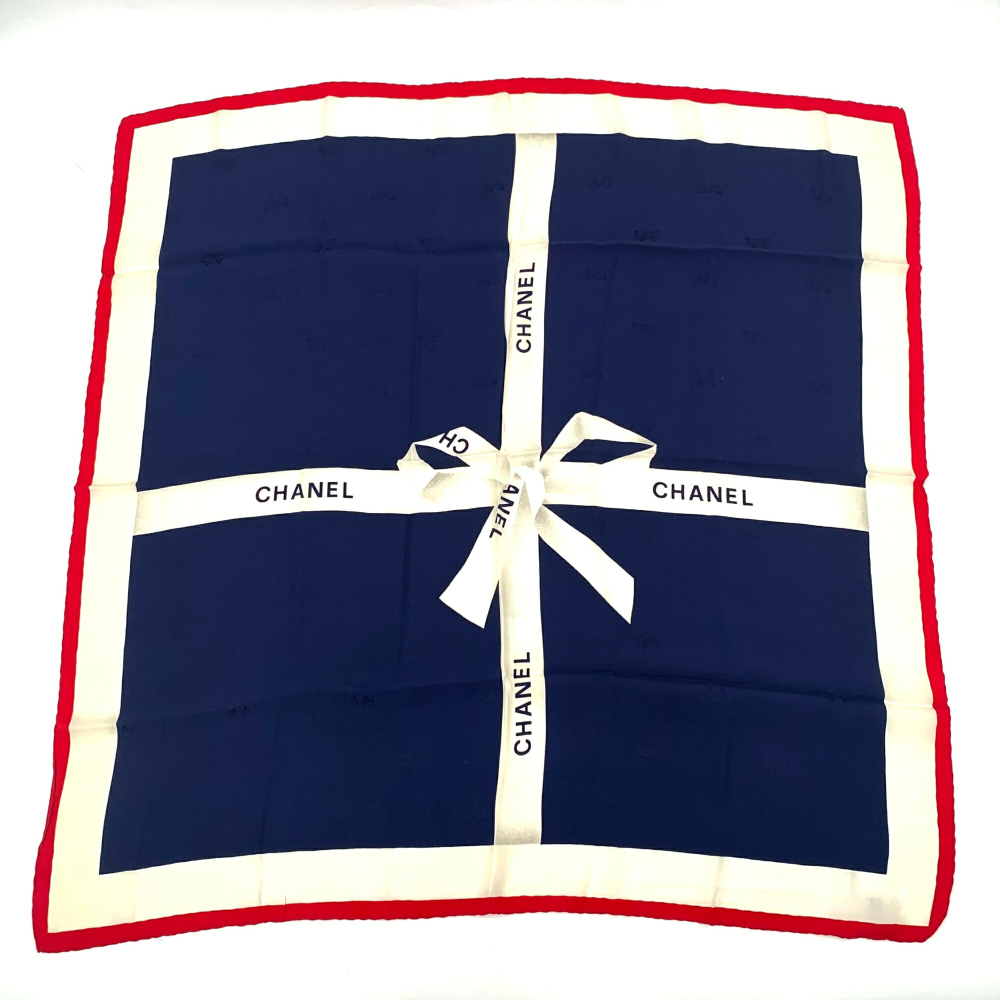 美品 CHANEL シャネル スカーフ シルク リボン ロゴ ネイビー