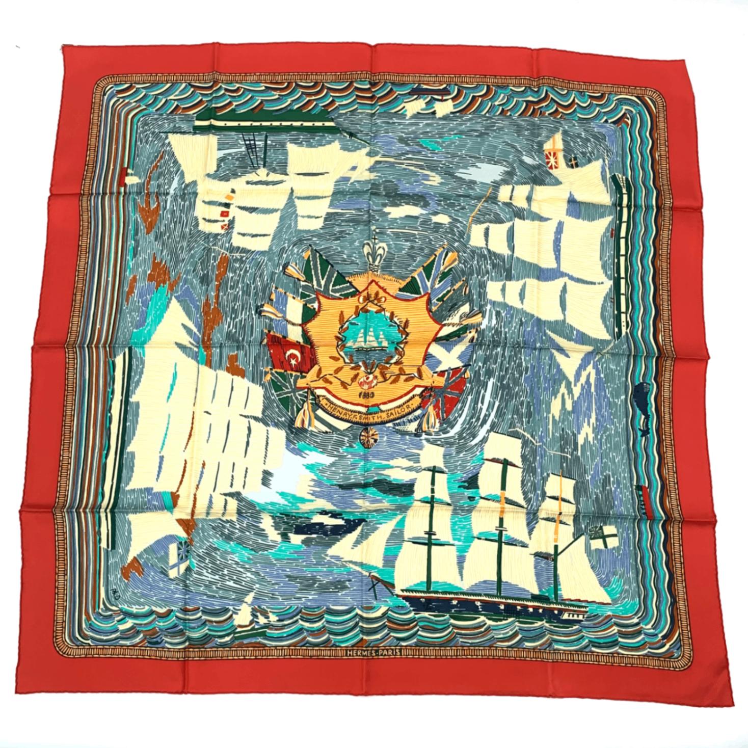美品 HERMES エルメス カレ90 HENRY F SMITH SAILOR スカーフ 帆船 航海 レッド