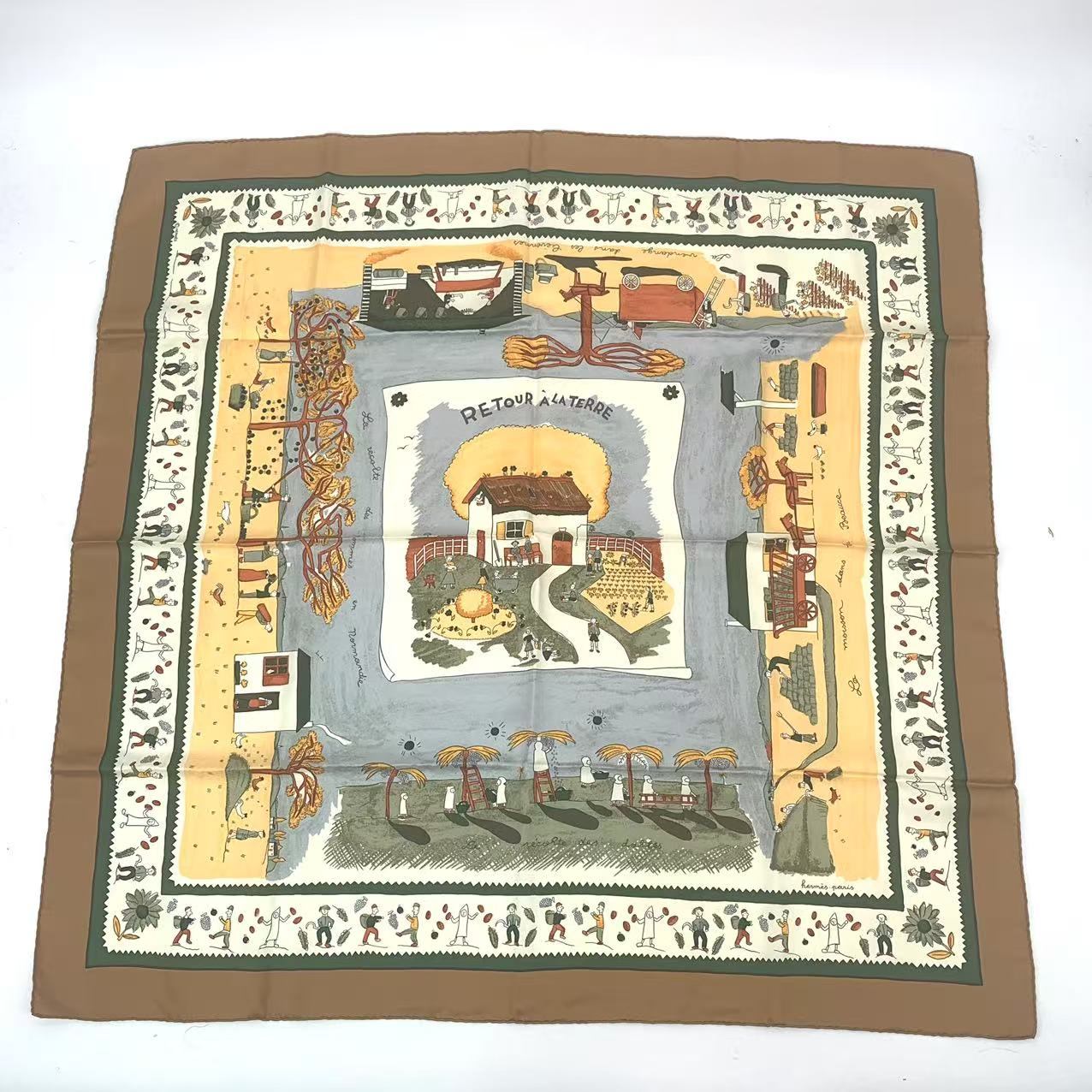 極美品 HERMES エルメス カレ90 RE TOUR A LA TERRE 故郷に帰る シルク スカーフ ブラワン
