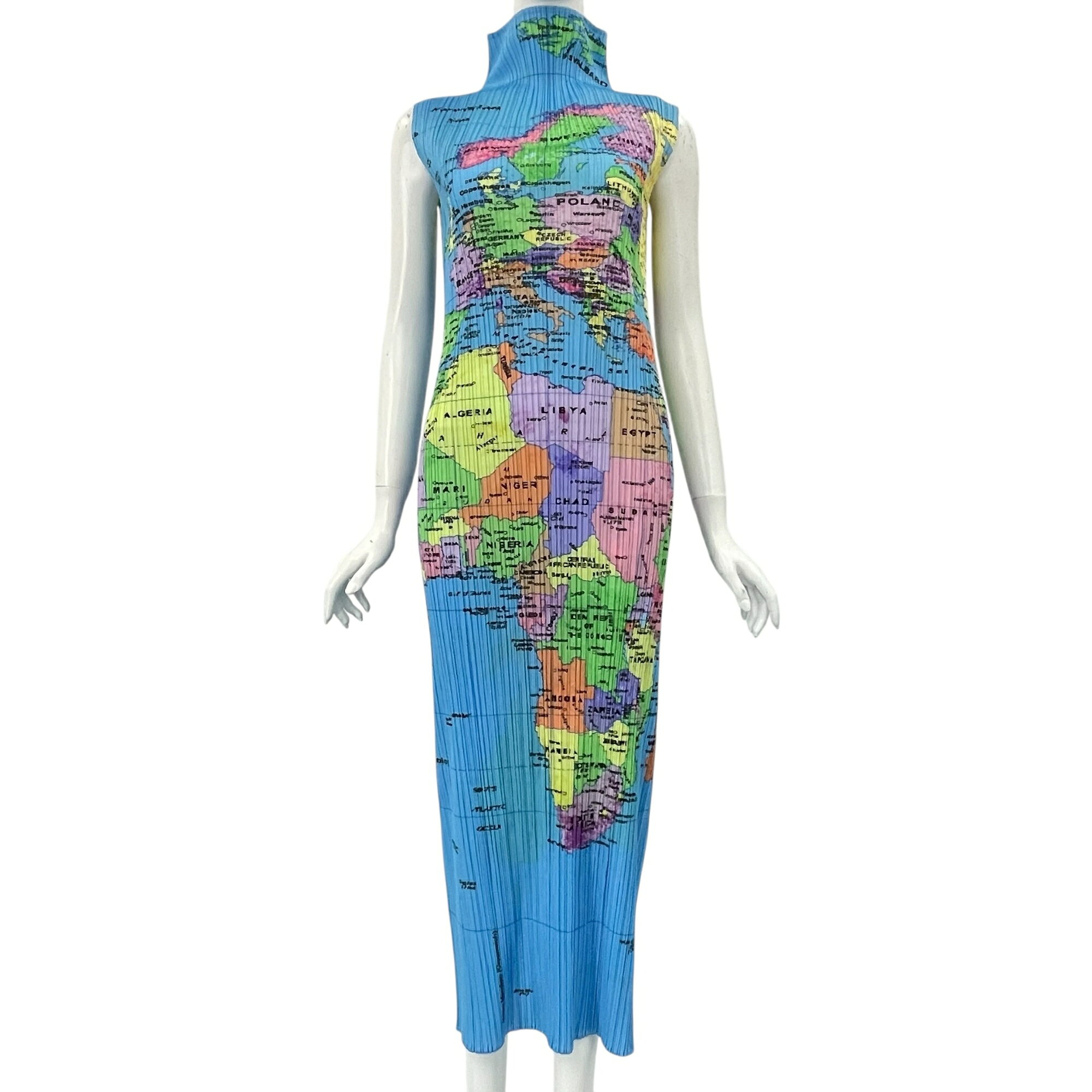 新品同様 希少 ISSEY MIYAKE イッセイミヤケ PLEATS PLEASE プリーツプリーズ ワンピース 世界地図柄 ブルー サイズ4