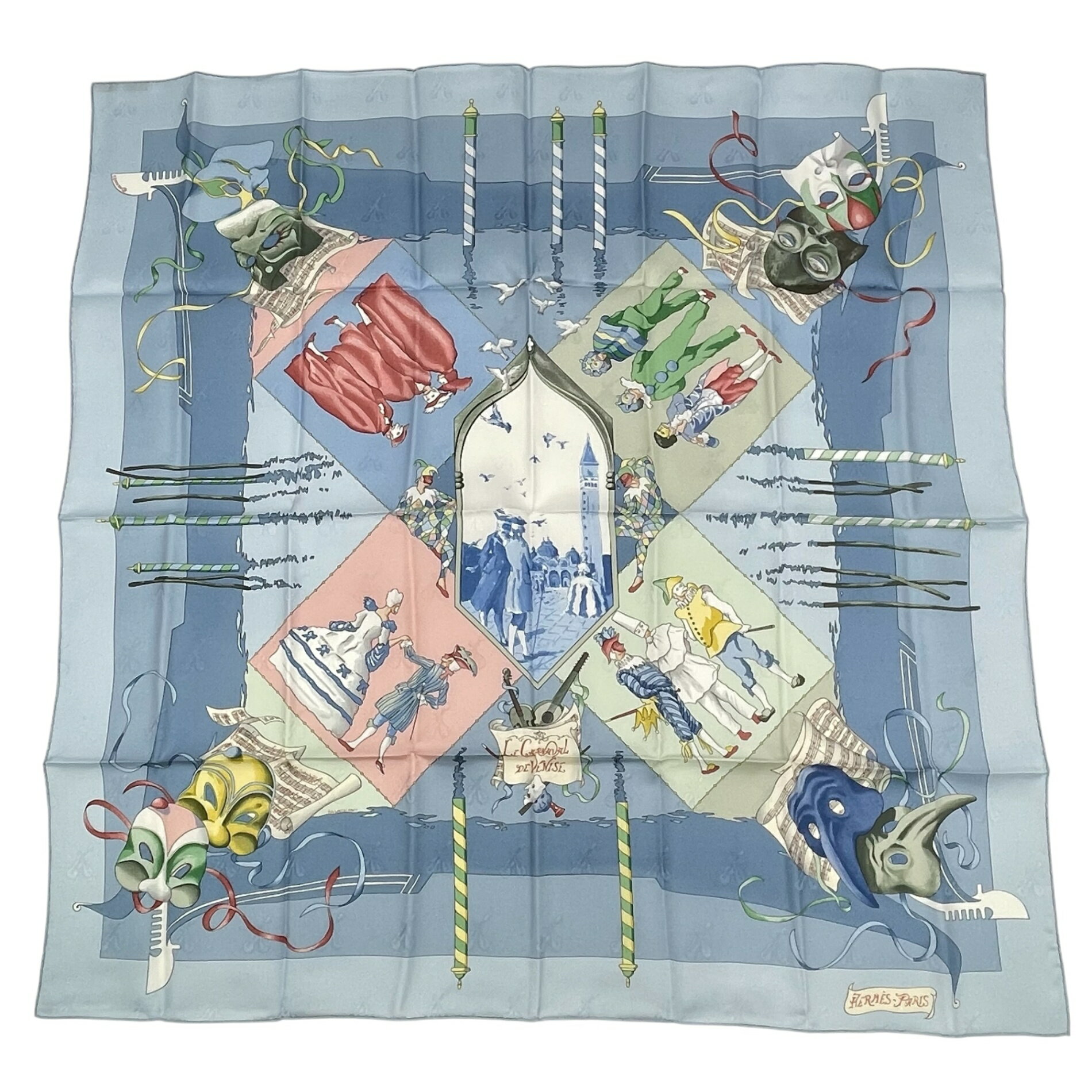 新品同様 HERMES エルメス カレ90 CARNAVAL DE VENISE ベニスのカーニバル ブルー スカーフ シルク100％