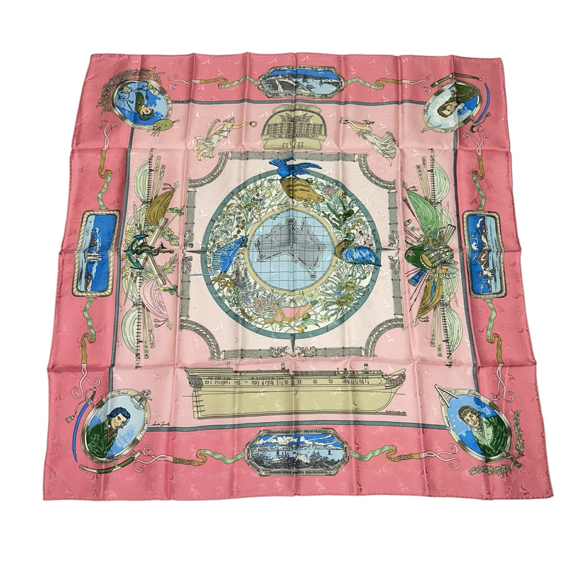新品同様 HERMES エルメス カレ90 LE GEOGRAPHE 地理学者 シルク100% ピンク