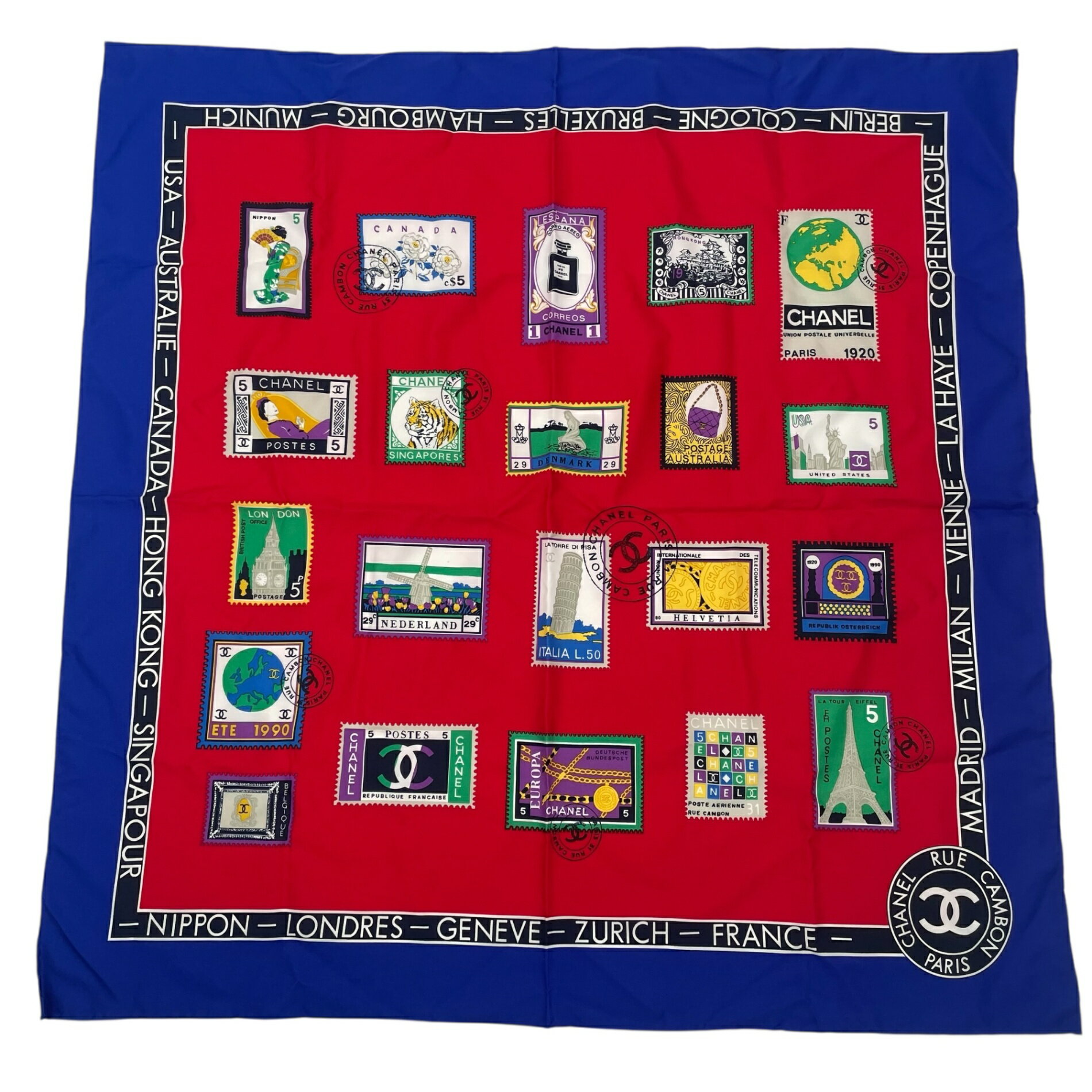 新品同様 CHANEL シャネル スカーフ シルク 切手柄 ココマーク マルチカラー