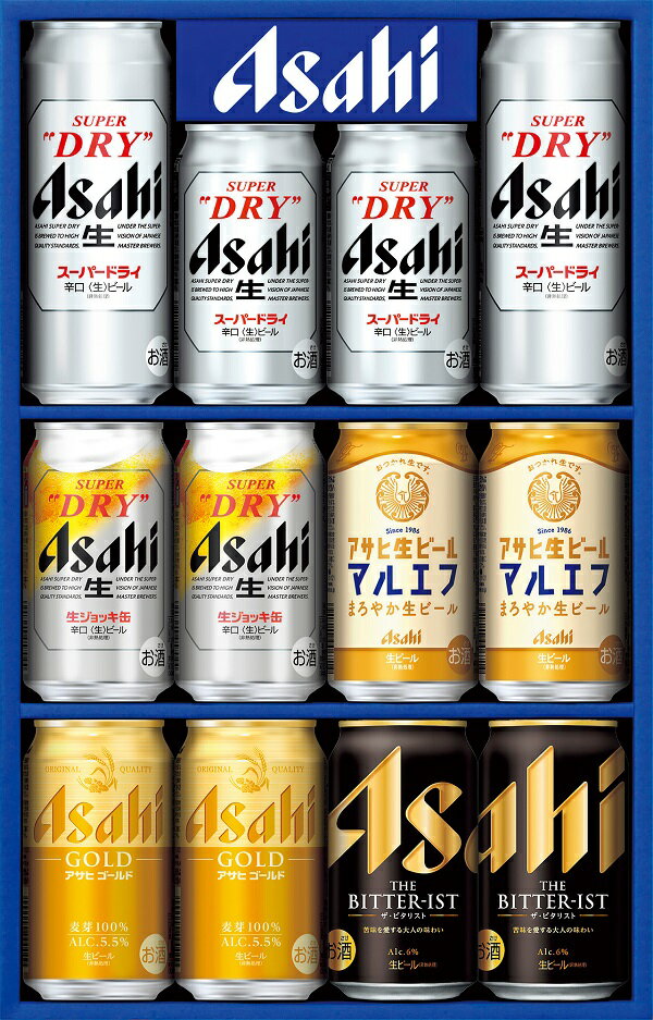 ●アサヒスーパードライ350ml・アサヒスーパードライ500ml・アサヒスーパードライ生ジョッキ缶340ml・ビタリスト350ml・アサヒ生ビール350ml・アサヒゴールド350ml×各2■SD：「飲んだ瞬間の飲みごたえ、瞬時に感じるキレのよさ。」が特長の躍動感あるうまさ。SD生ジョッキ缶：缶ビールなのにまるでお店の生ジョッキのように楽しめるSD。 ビタリスト：爽快な苦みがもたらす、つきぬけるうまさ。アサヒ生ビール：長く人々に愛されてきた、まろやかな美味しさの生ビール。アサヒゴールド：麦の旨み、すっきり続く麦芽100％生ビール。以上5種のギフト。■※写真はイメージです■ご注文締切は8月3日(月)17時まで
