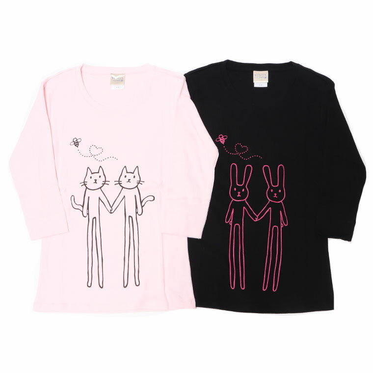 7分袖シャツ レディース　ガールズ　Tシャツ　5476-03　プリントTEE　ゆるキャラ　うさぎ　ねこ　ウサギ　ネコ　ゆるカワキャラに癒される　素材はさらっと着やすい綿100%【あしながばちにさされた】